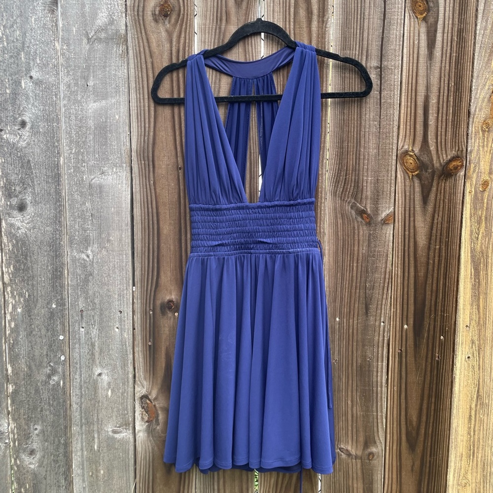 Express Blue Ruched Halter Sundress